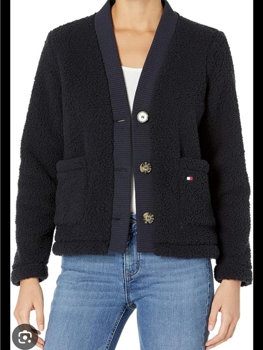 Tommy Hilfiger Navy Sherpa Teddy Button Cardigan in size small